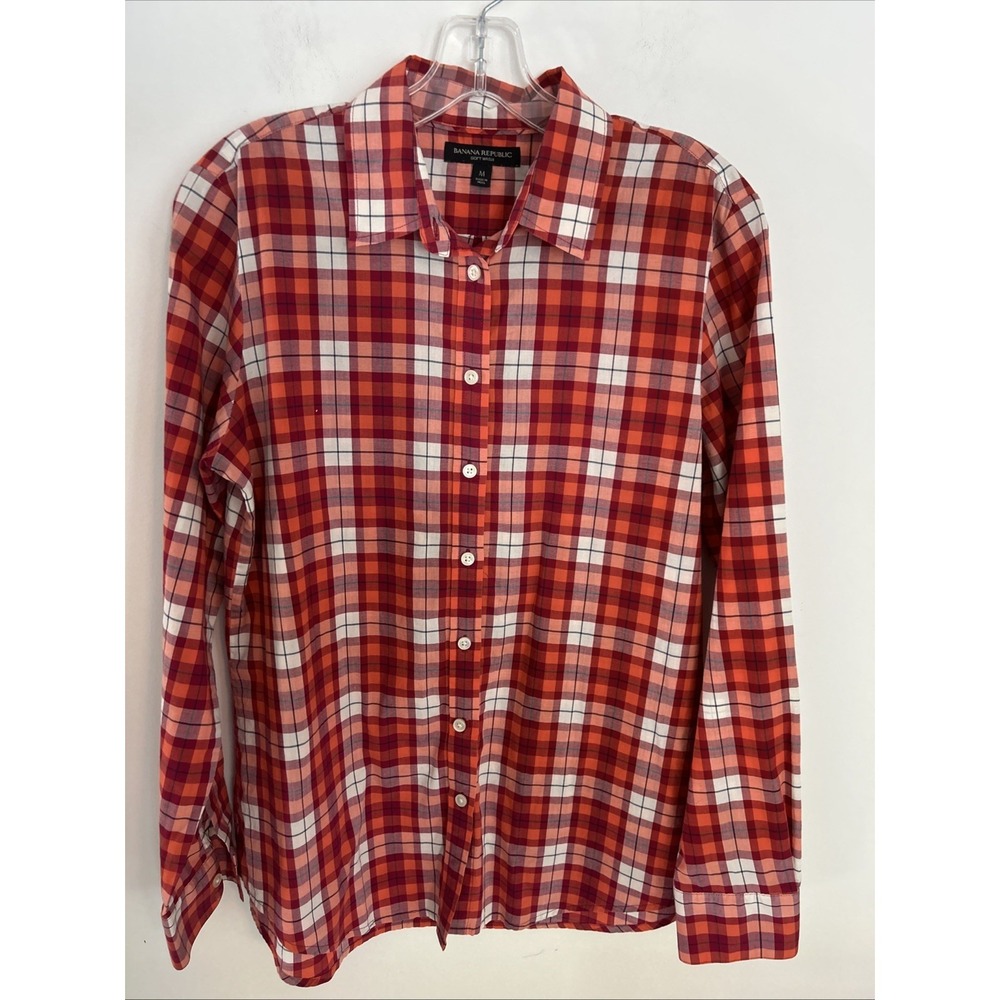 Banana Republic Women's Medium Plaid Button Down Shirt Red White Orange Cotton
